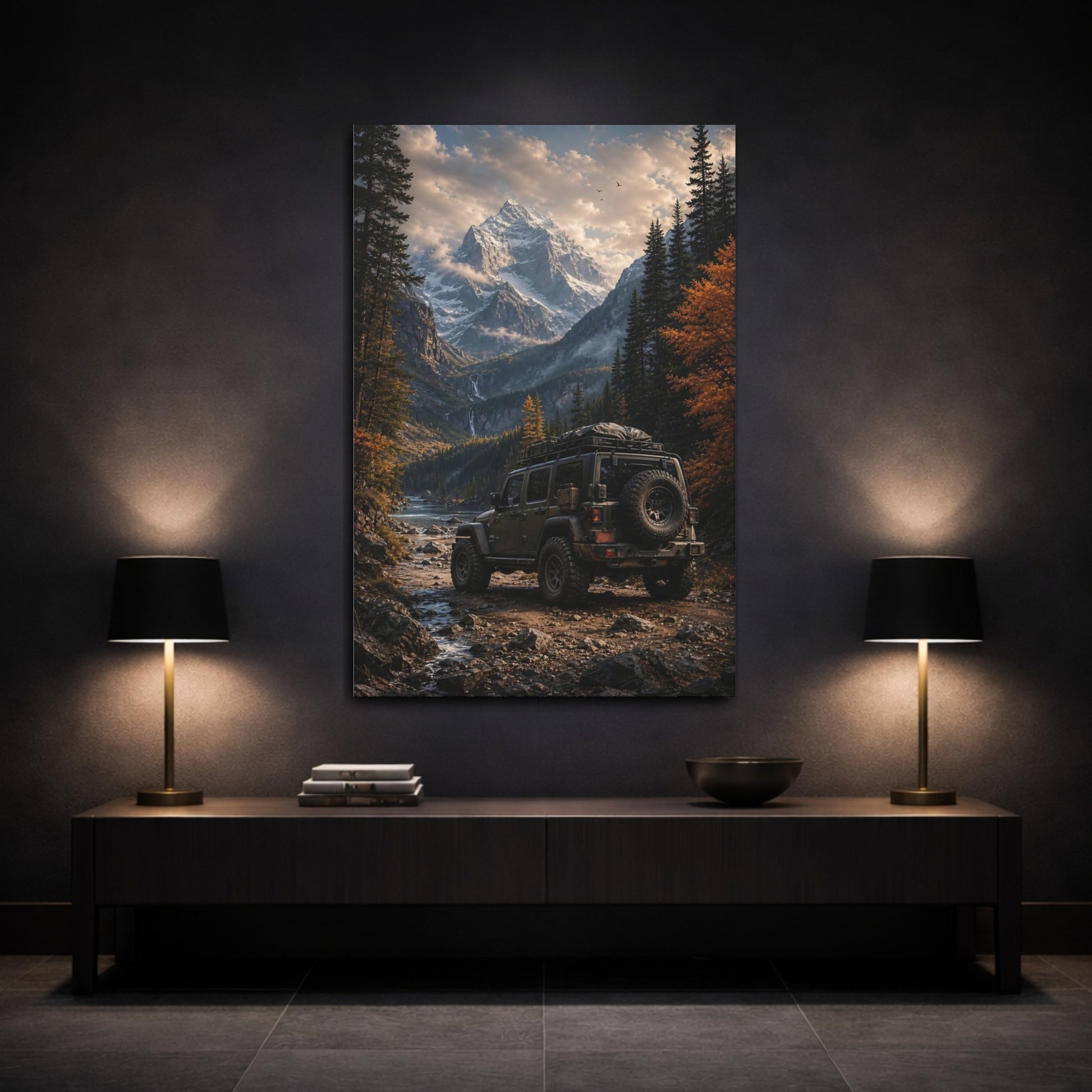 Mockup 3. Nature Off-Road Vehicle Green Off-Road Mountain shown as stretched canvas wall art