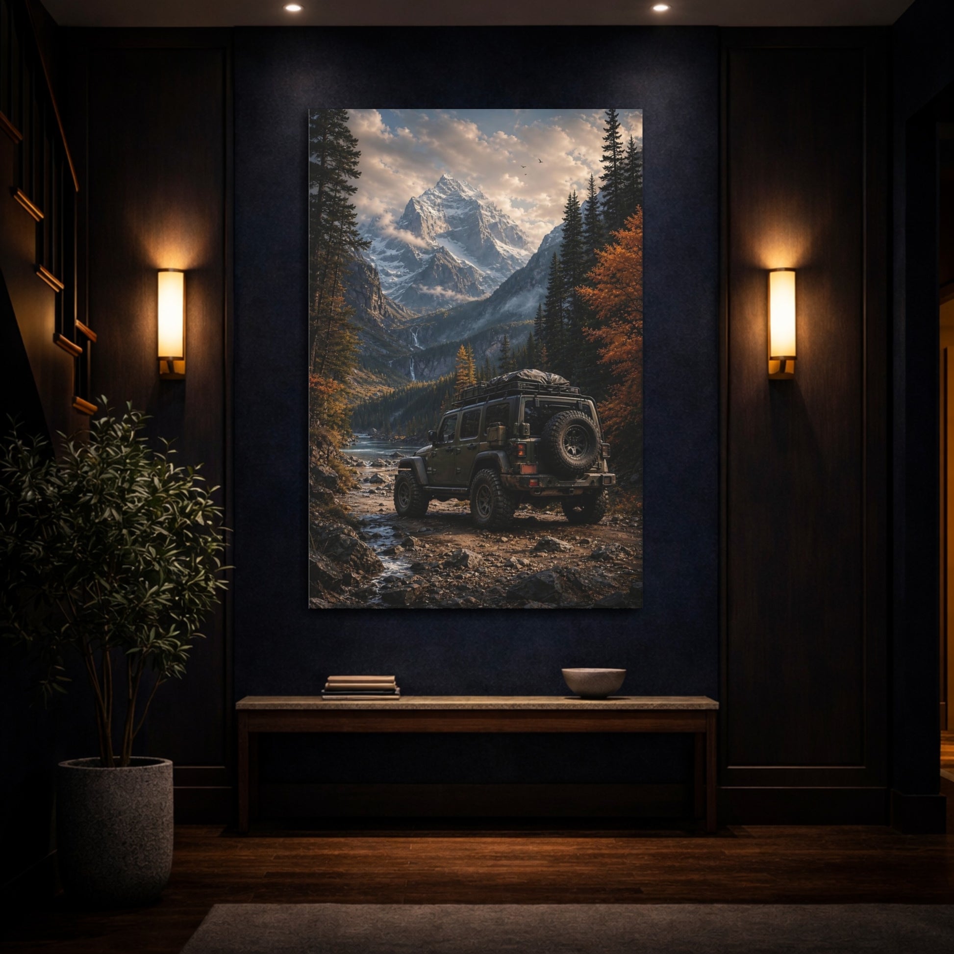 Mockup 4. Nature Off-Road Vehicle Green Off-Road Mountain shown as stretched canvas wall art