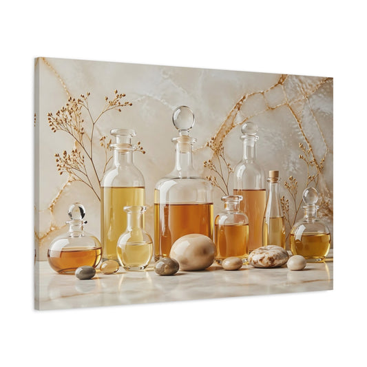 Main Mockup. Nature Oil Bottles Gold And Beige shown as stretched canvas wall art