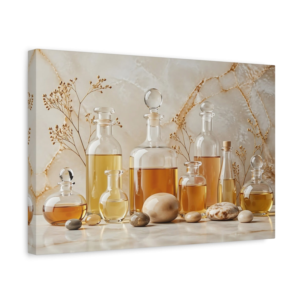 Side Mockup 4. Nature Oil Bottles Gold And Beige shown as stretched canvas wall art