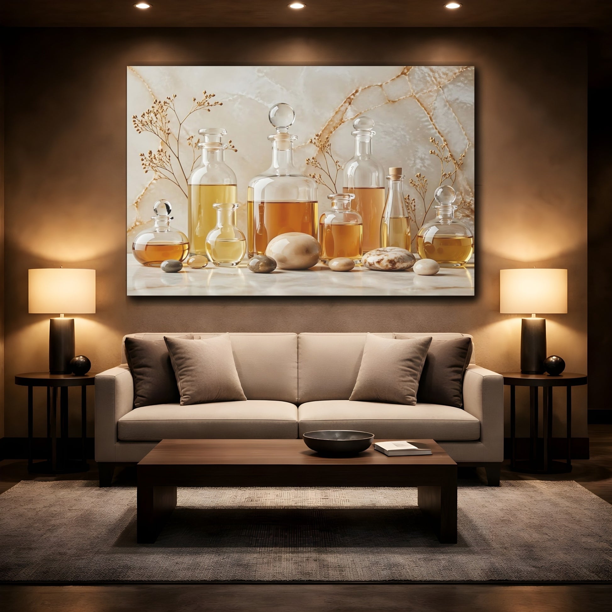 Mockup 2. Nature Oil Bottles Gold And Beige shown as stretched canvas wall art