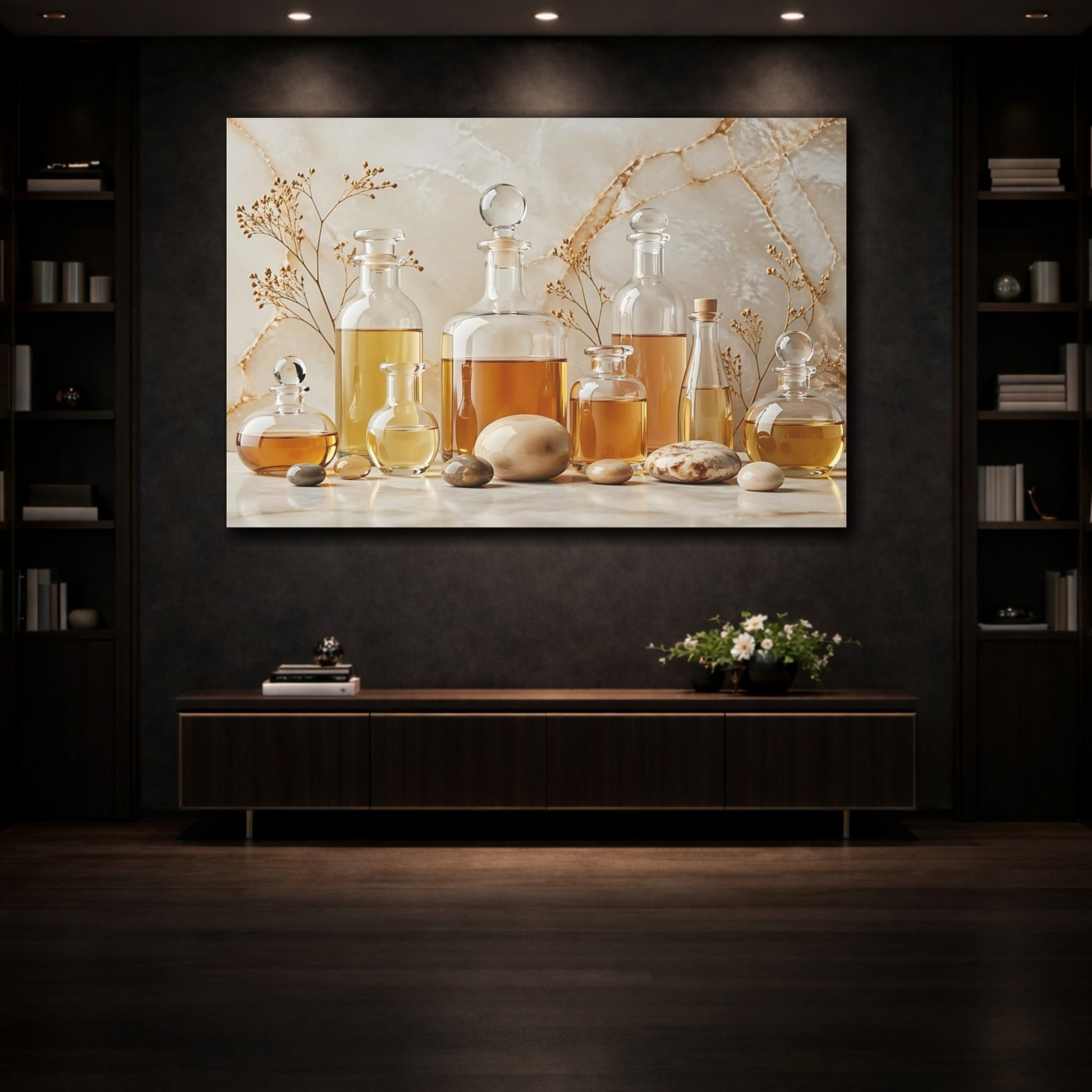 Mockup 3. Nature Oil Bottles Gold And Beige shown as stretched canvas wall art