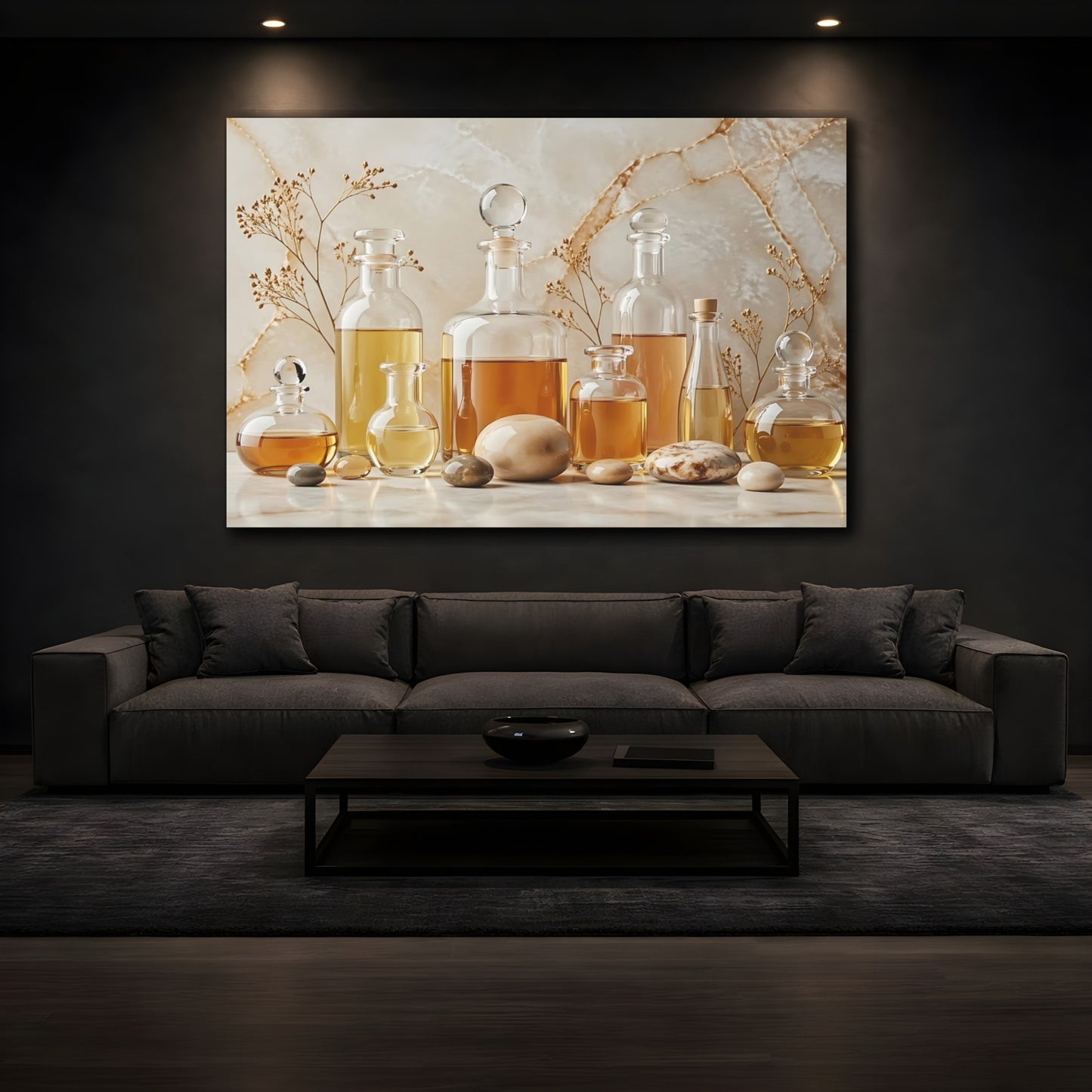 Mockup 4. Nature Oil Bottles Gold And Beige shown as stretched canvas wall art