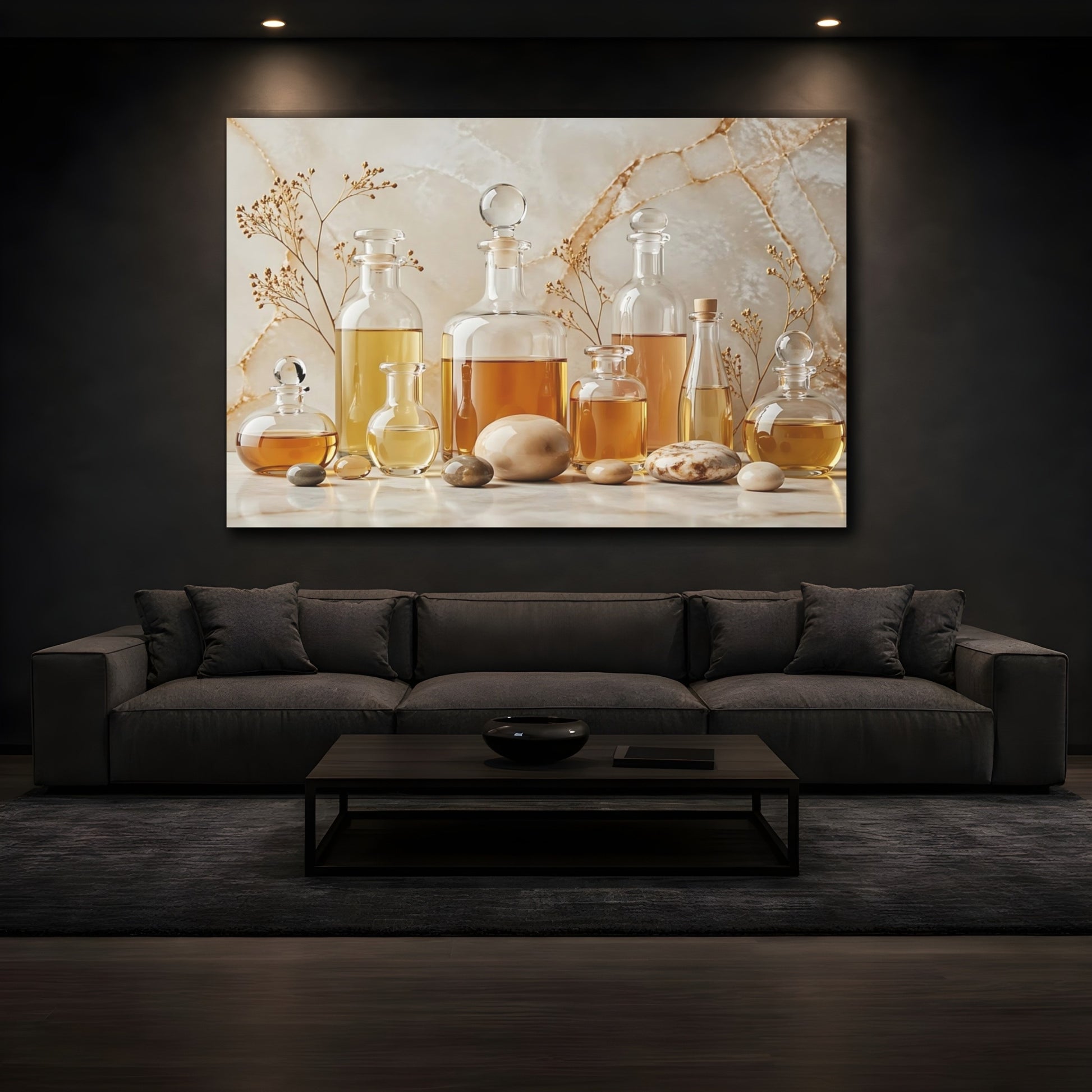 Mockup 4. Nature Oil Bottles Gold And Beige shown as stretched canvas wall art