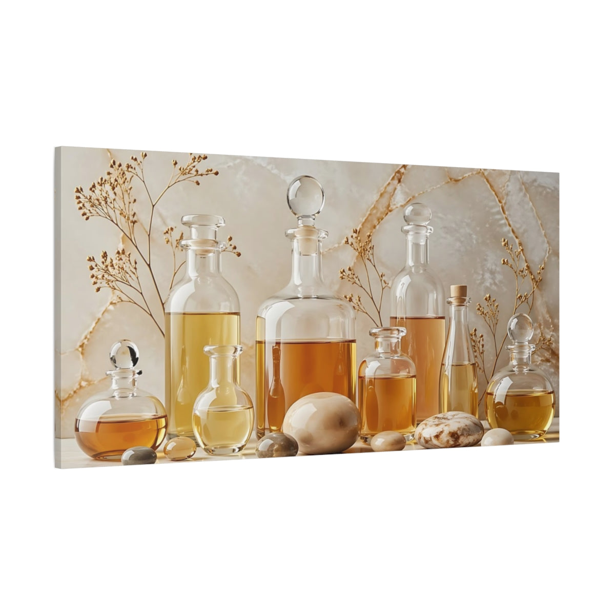Side Mockup 2. Nature Oil Bottles Natural Gold Tones shown as stretched canvas wall art