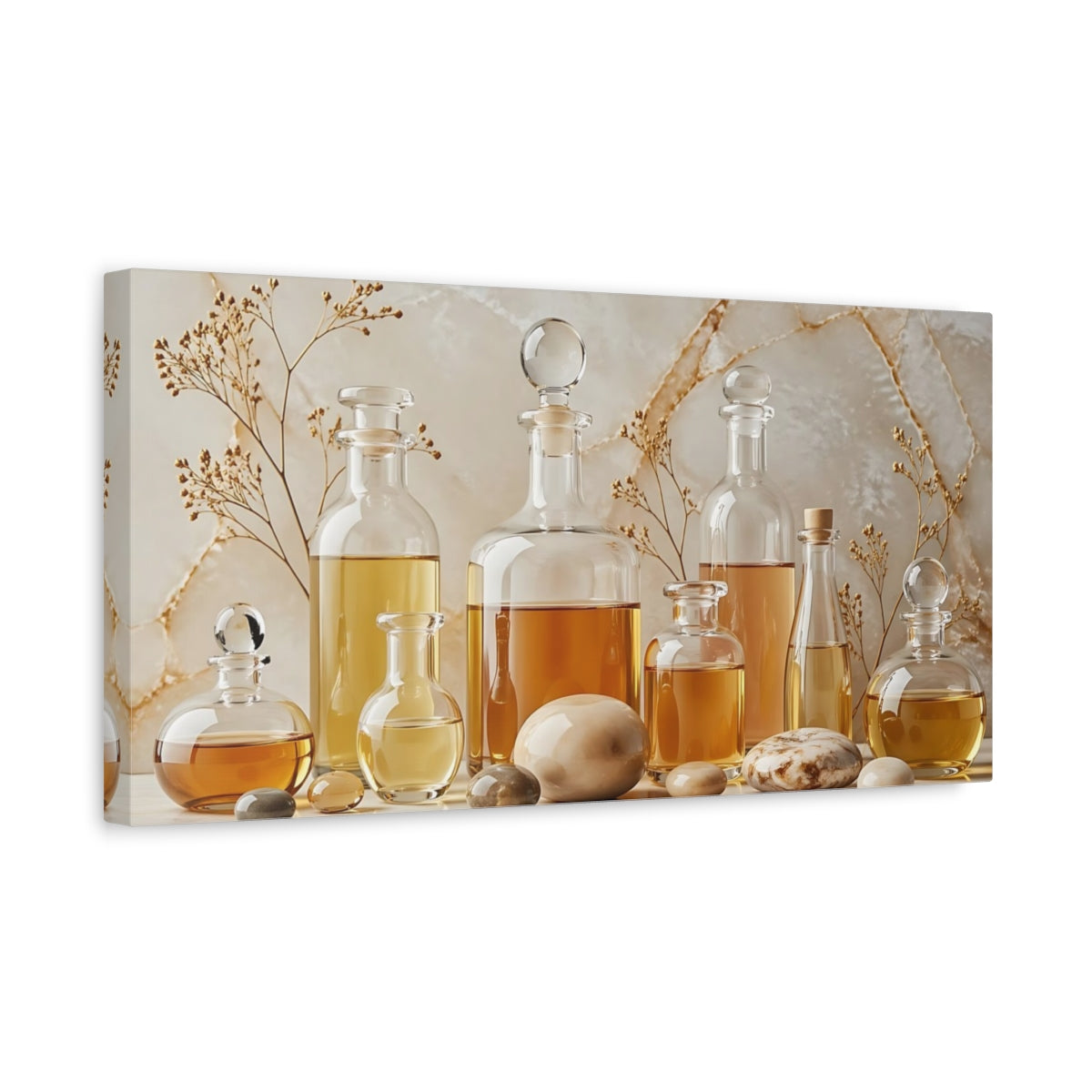 Side Mockup 3. Nature Oil Bottles Natural Gold Tones shown as stretched canvas wall art