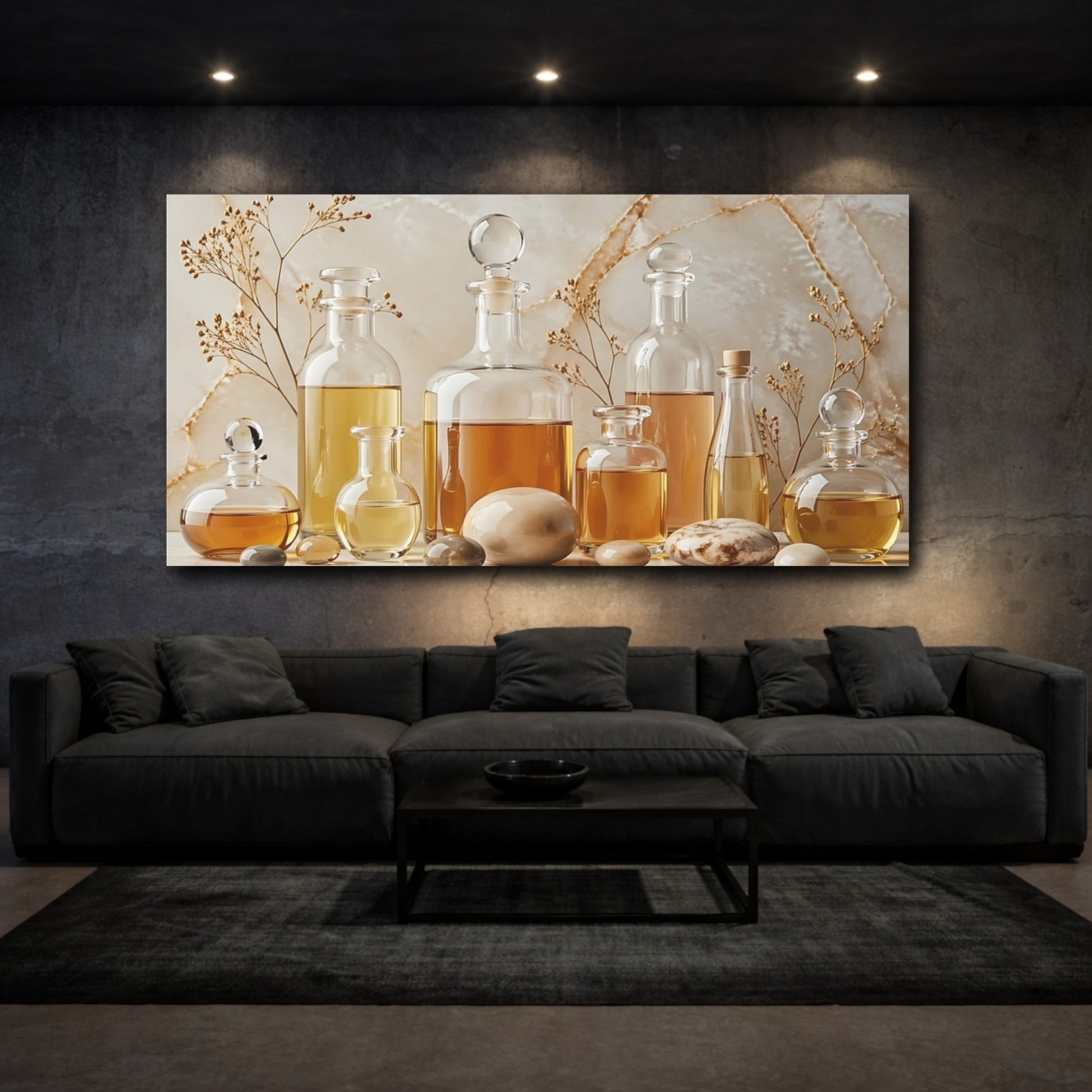 Mockup 2. Nature Oil Bottles Natural Gold Tones shown as stretched canvas wall art