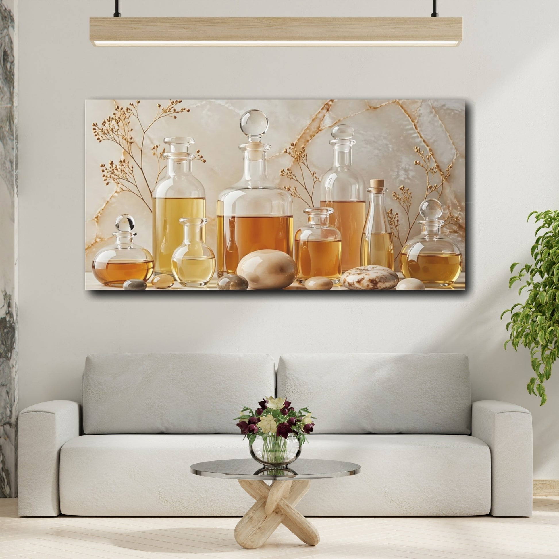Mockup 3. Nature Oil Bottles Natural Gold Tones shown as stretched canvas wall art
