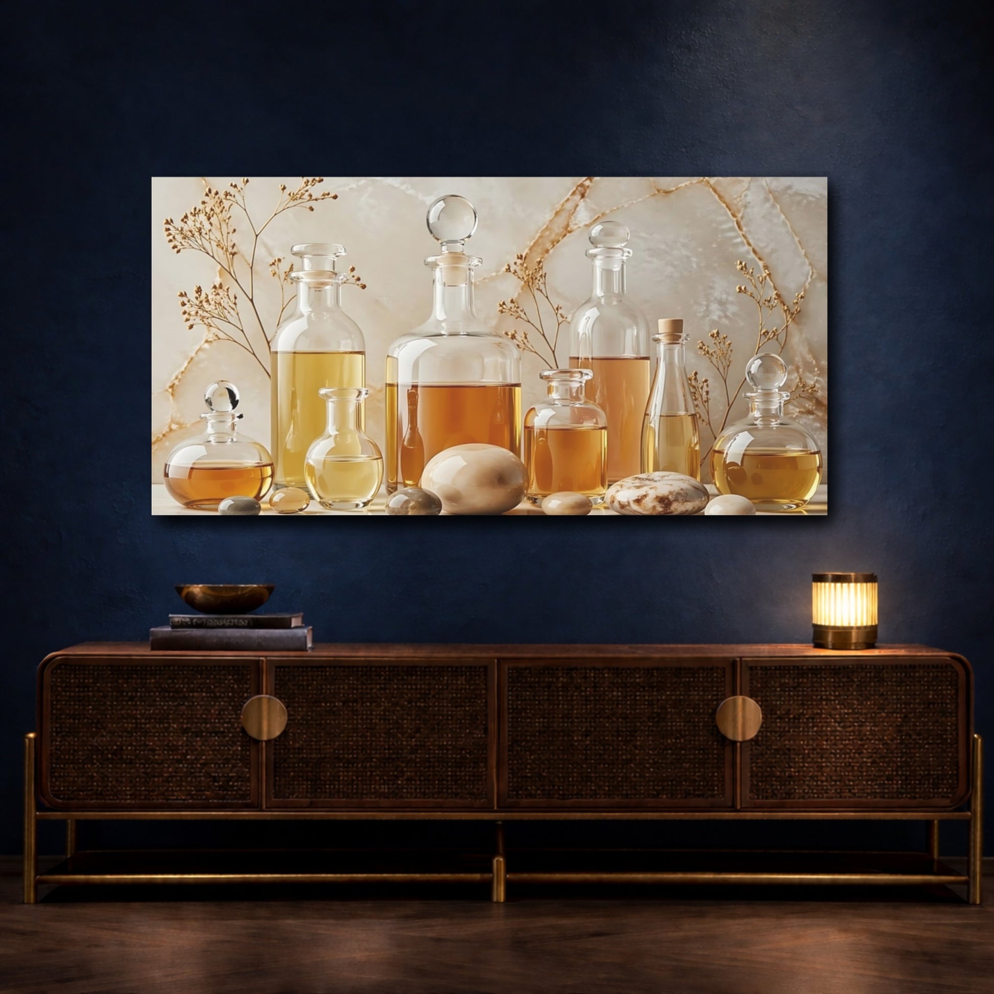 Mockup 4. Nature Oil Bottles Natural Gold Tones shown as stretched canvas wall art