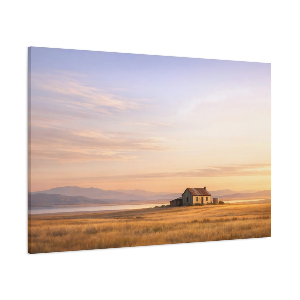 Side Mockup 1. Nature Old Farmhouse Golden Rural Landscape shown as stretched canvas wall art