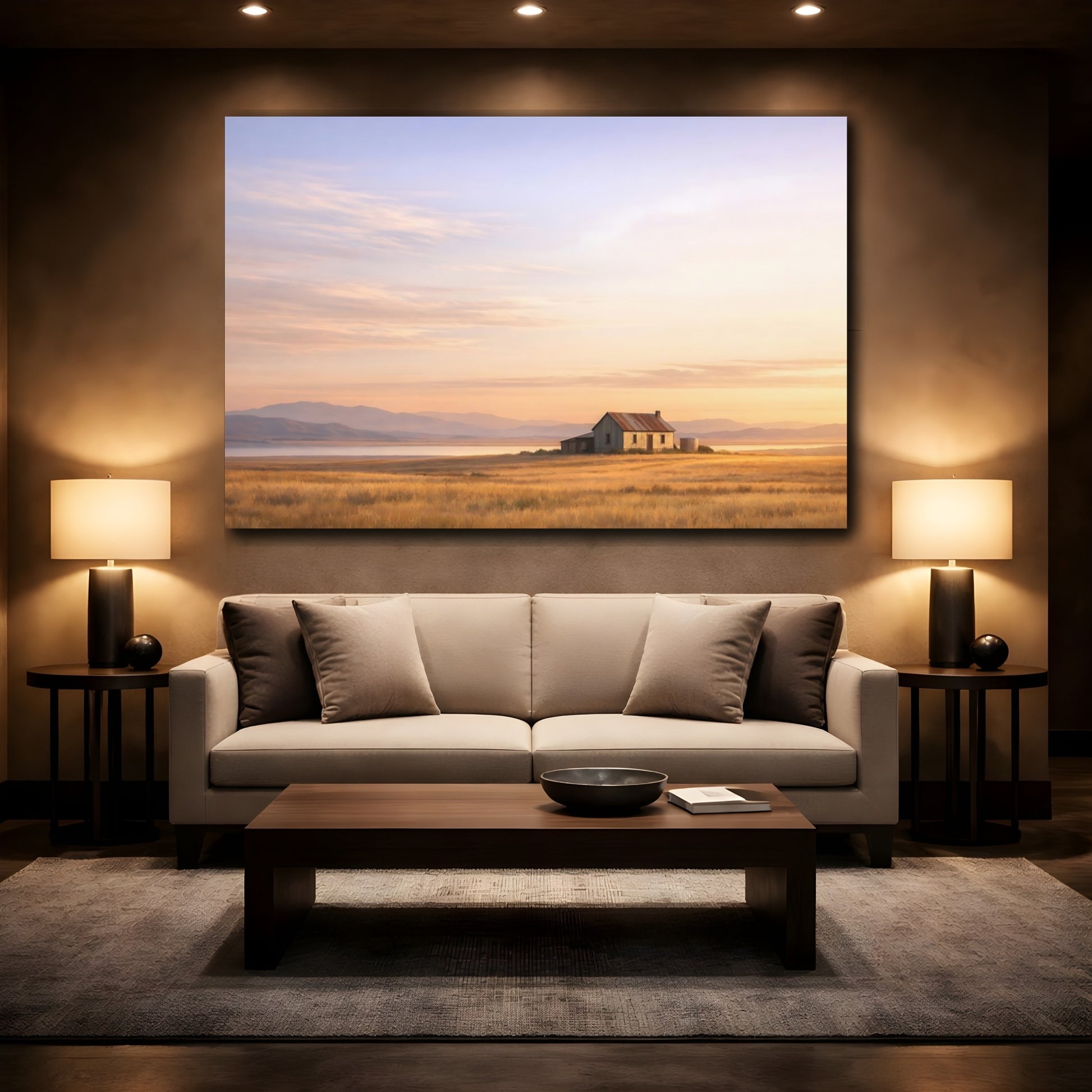Mockup 2. Nature Old Farmhouse Golden Rural Landscape shown as stretched canvas wall art