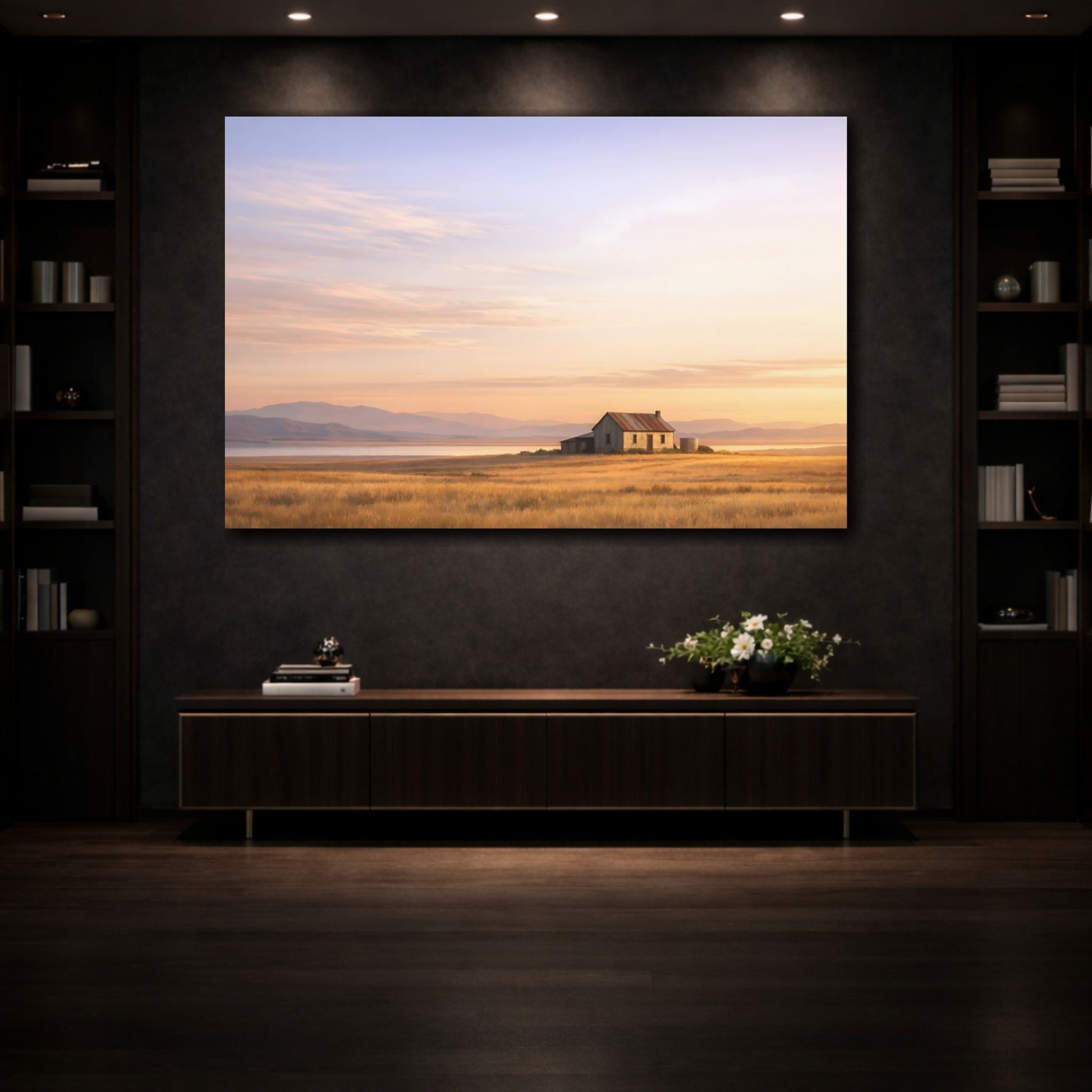 Mockup 3. Nature Old Farmhouse Golden Rural Landscape shown as stretched canvas wall art