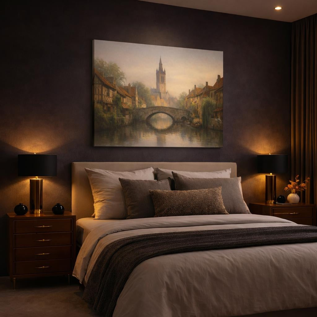 Nature Old Town Canal shown as canvas wall art in a luxury bedroom