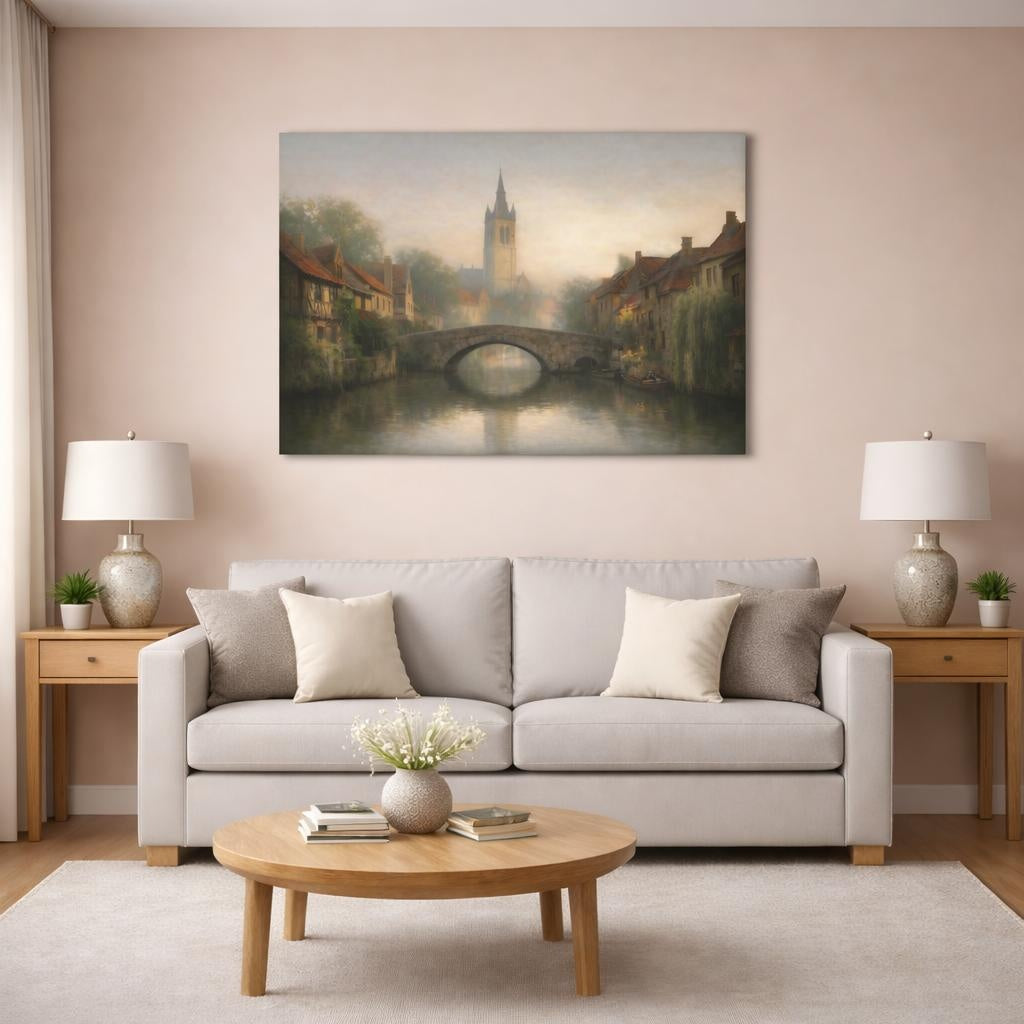 Nature Old Town Canal shown as canvas wall art in a modern living room