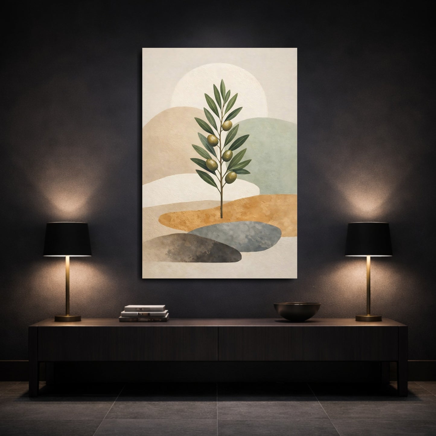 Nature Olive Branch Green And Beige Olive shown as front canvas room wall art