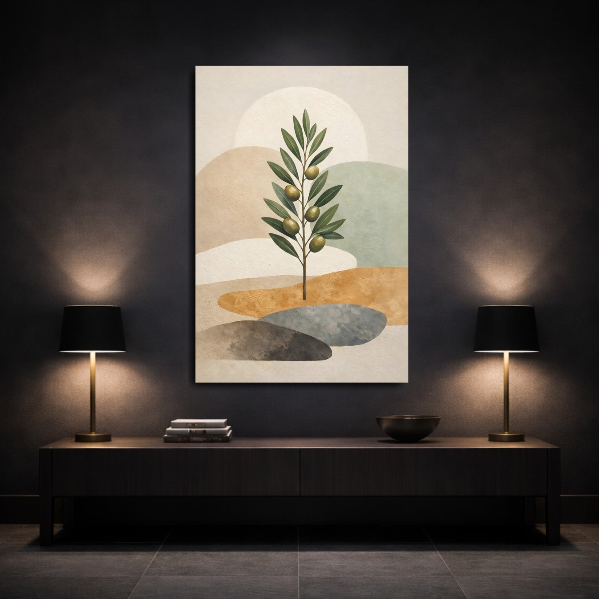 Nature Olive Branch Green And Beige Olive shown as front canvas room wall art