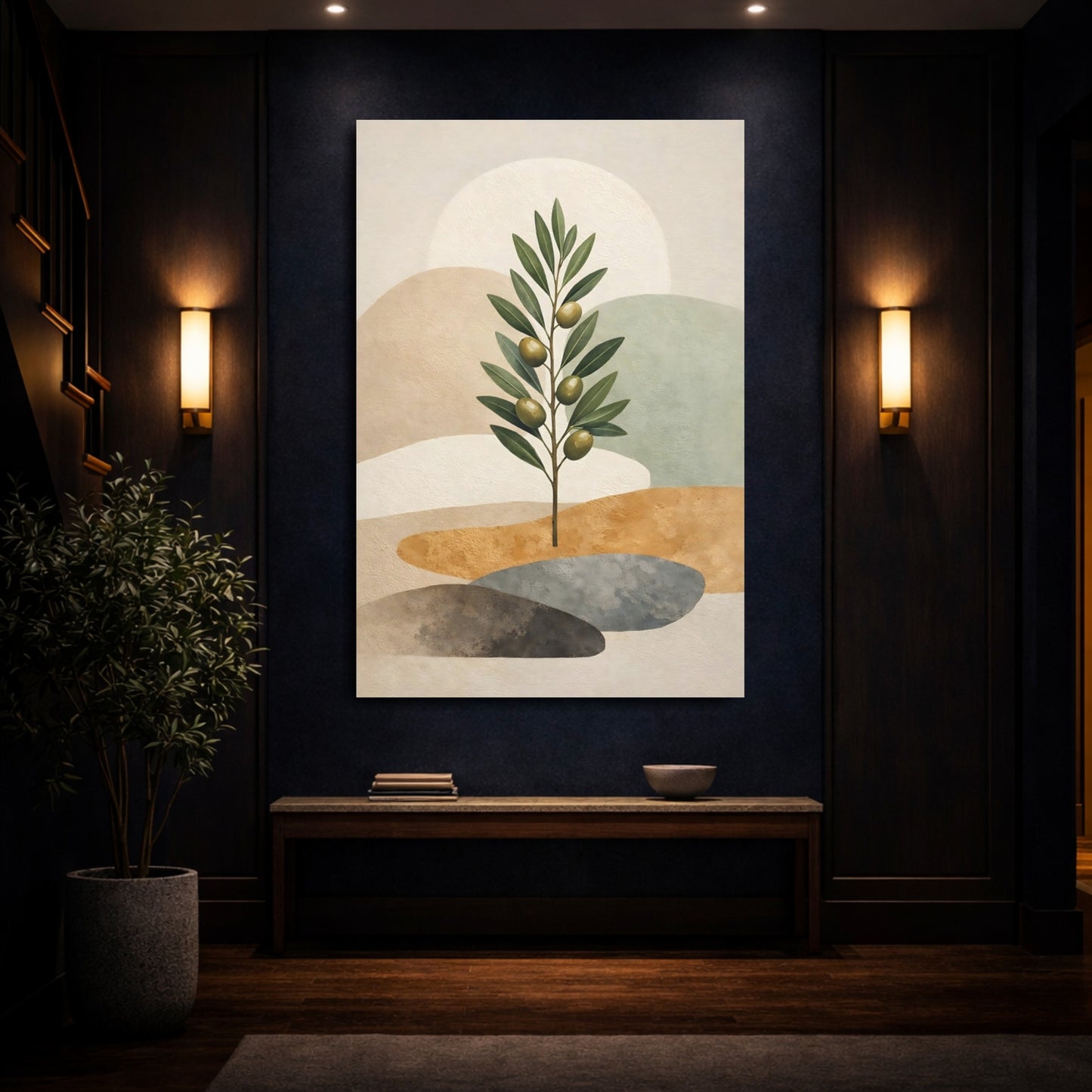 Nature Olive Branch Green And Beige Olive shown as front canvas room wall art