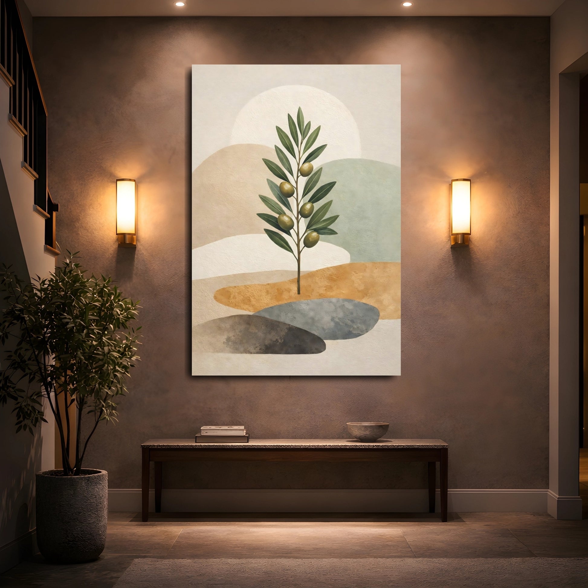 Nature Olive Branch Green And Beige Olive shown as front canvas room wall art