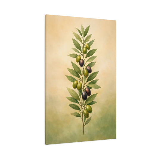 Nature Olive Branch Green And Purple shown as stretched canvas wall art