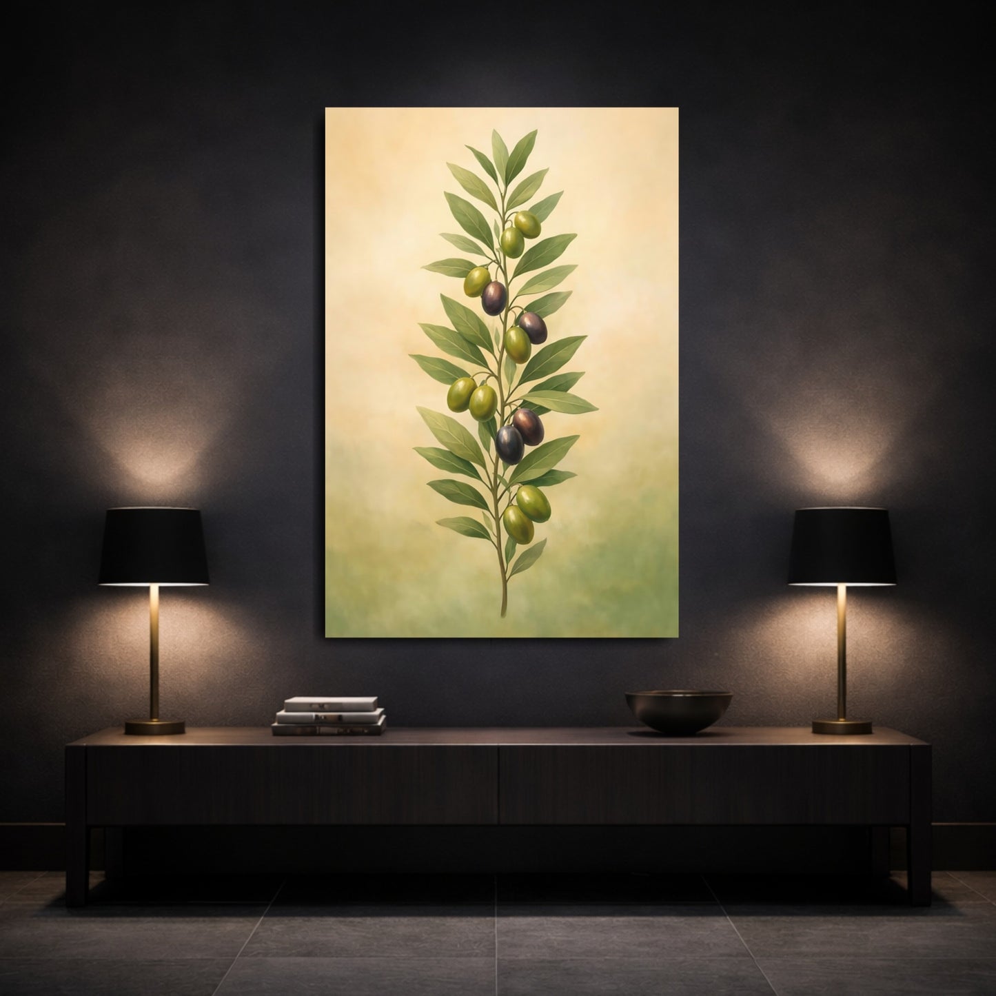 Nature Olive Branch Green And Purple shown as front canvas room wall art