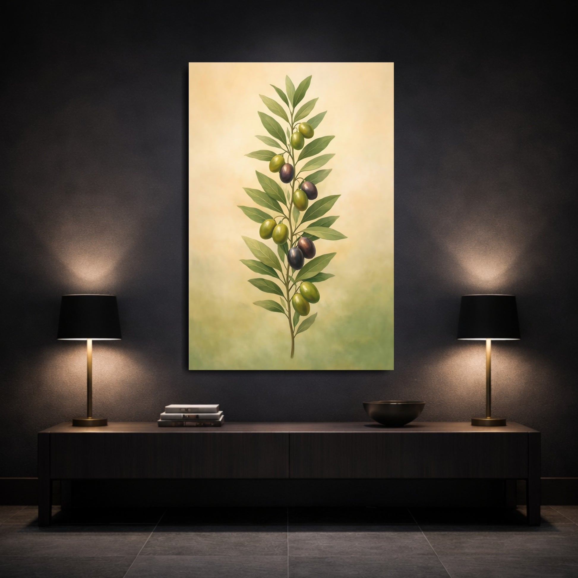 Nature Olive Branch Green And Purple shown as front canvas room wall art