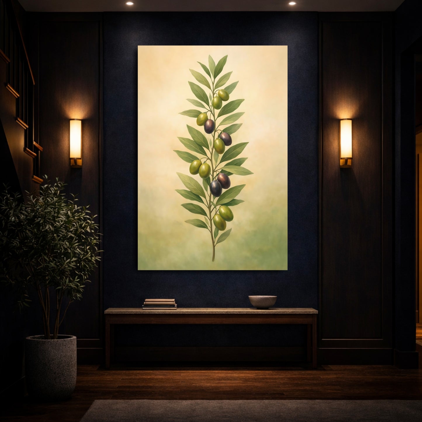 Nature Olive Branch Green And Purple shown as front canvas room wall art