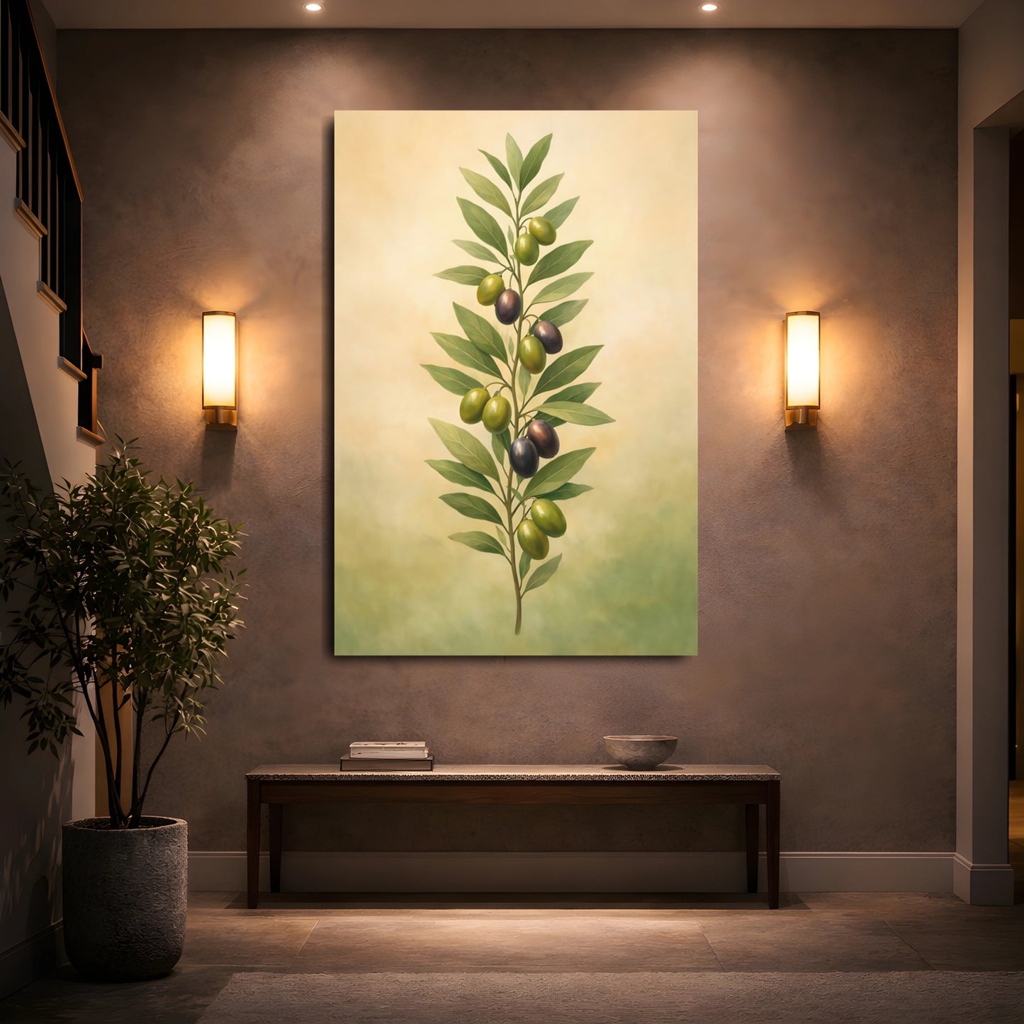 Nature Olive Branch Green And Purple shown as front canvas room wall art