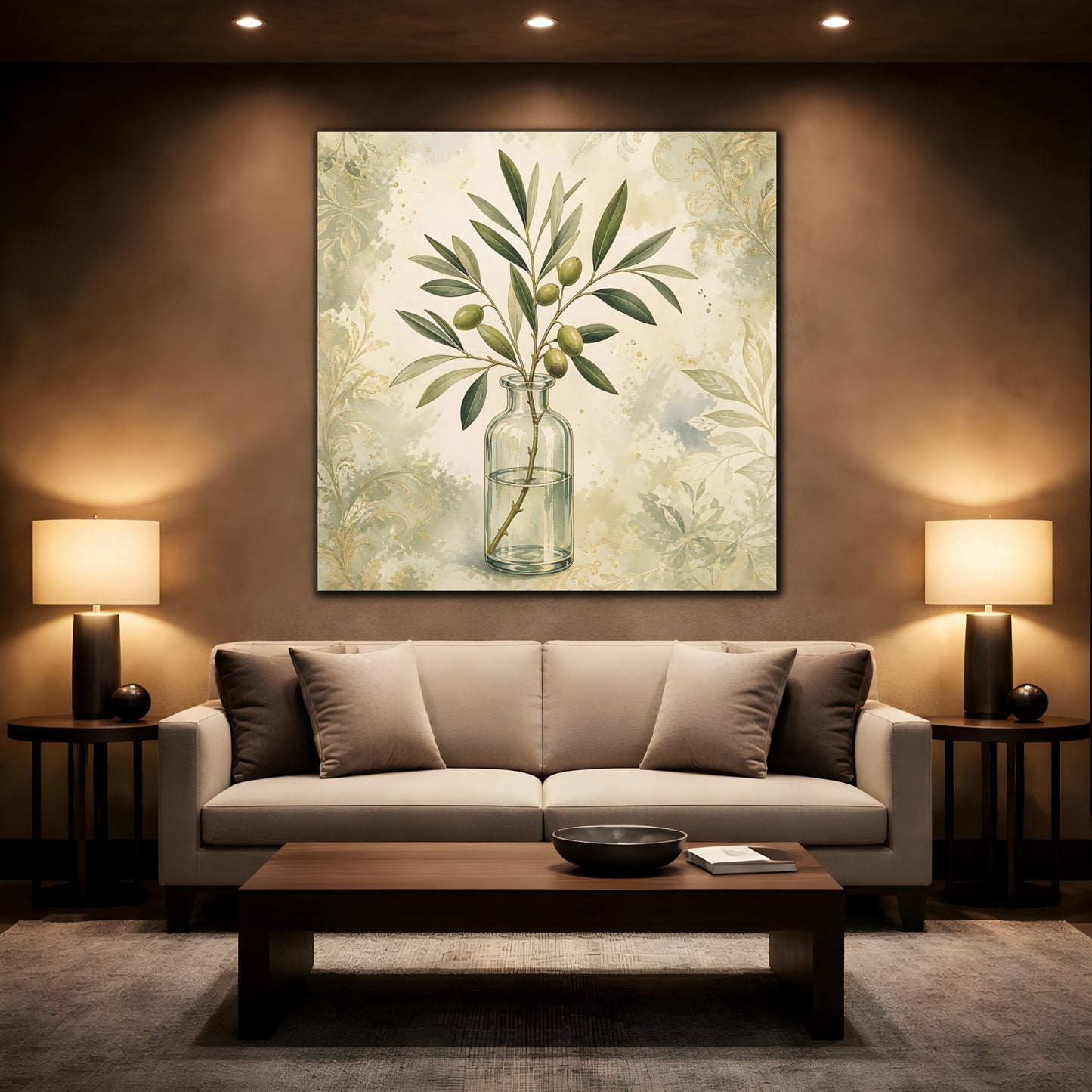 Mockup 2. Nature Olive Branch Olive Branch Decor shown as stretched canvas wall art