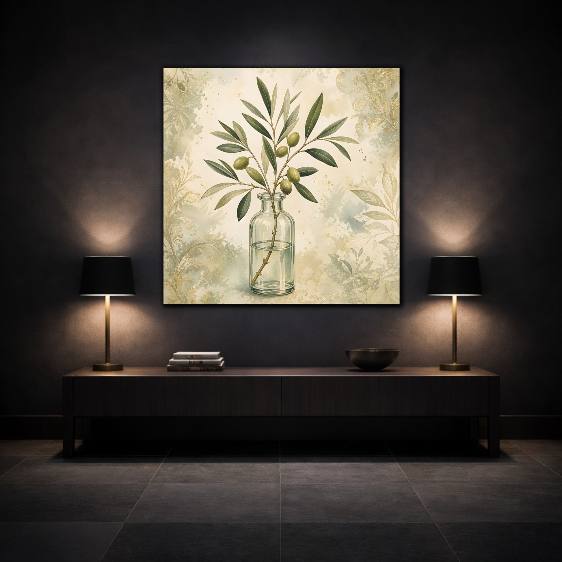 Mockup 3. Nature Olive Branch Olive Branch Decor shown as stretched canvas wall art