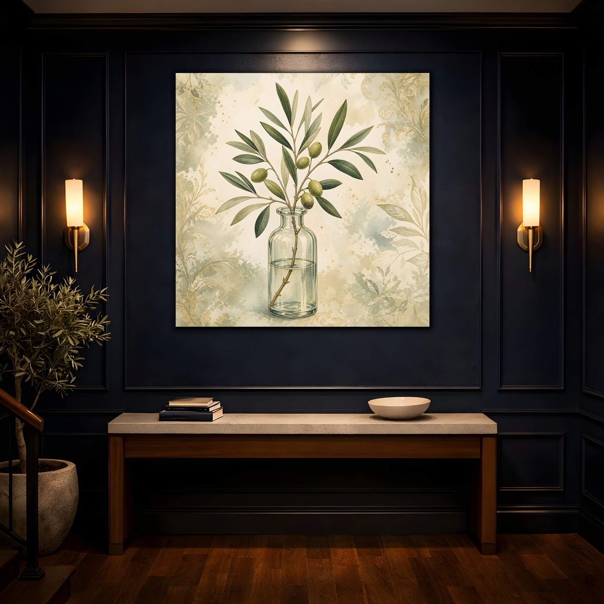 Mockup 4. Nature Olive Branch Olive Branch Decor shown as stretched canvas wall art