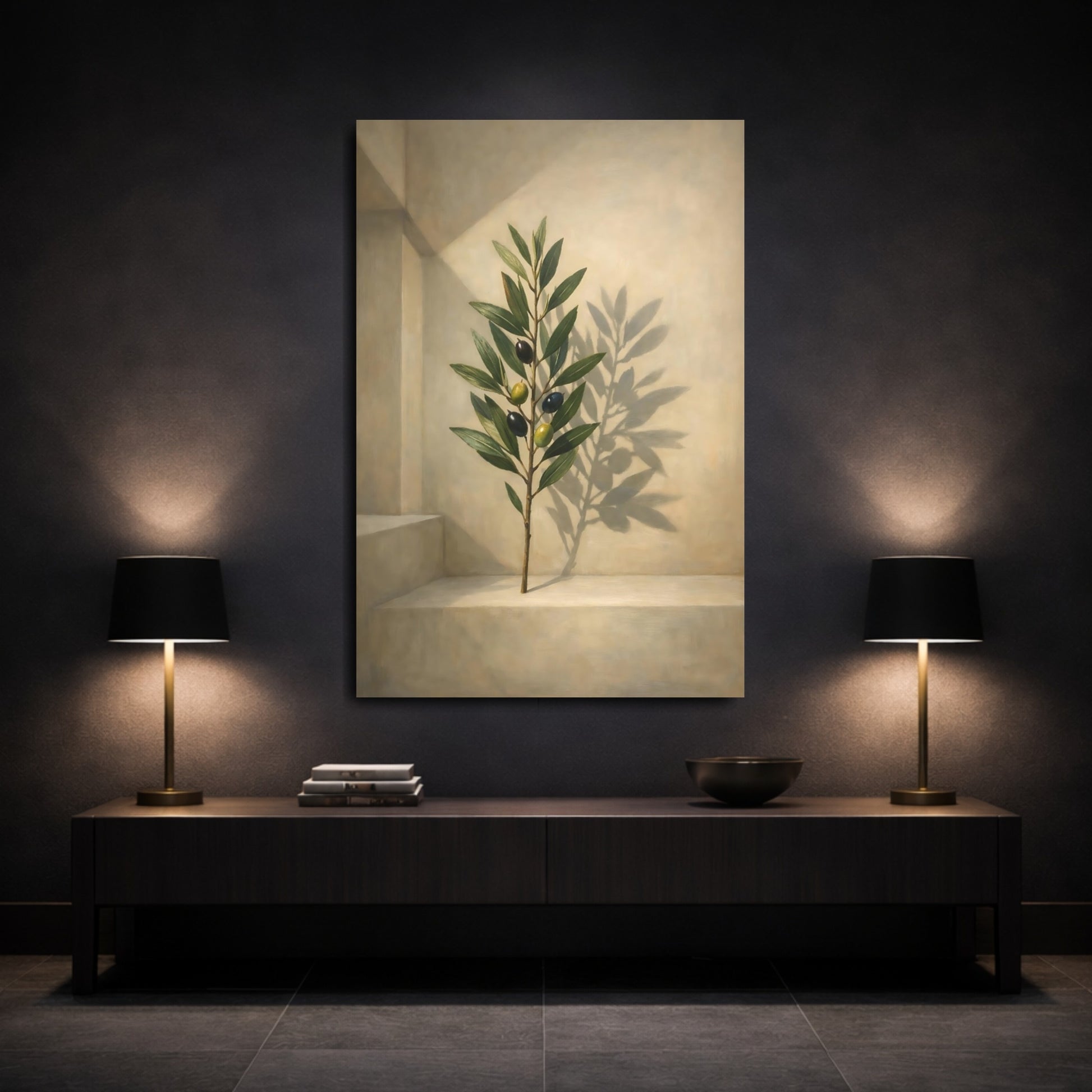 Mockup 2. Nature Olive Branch Olive Branch Green Beige shown as stretched canvas wall art