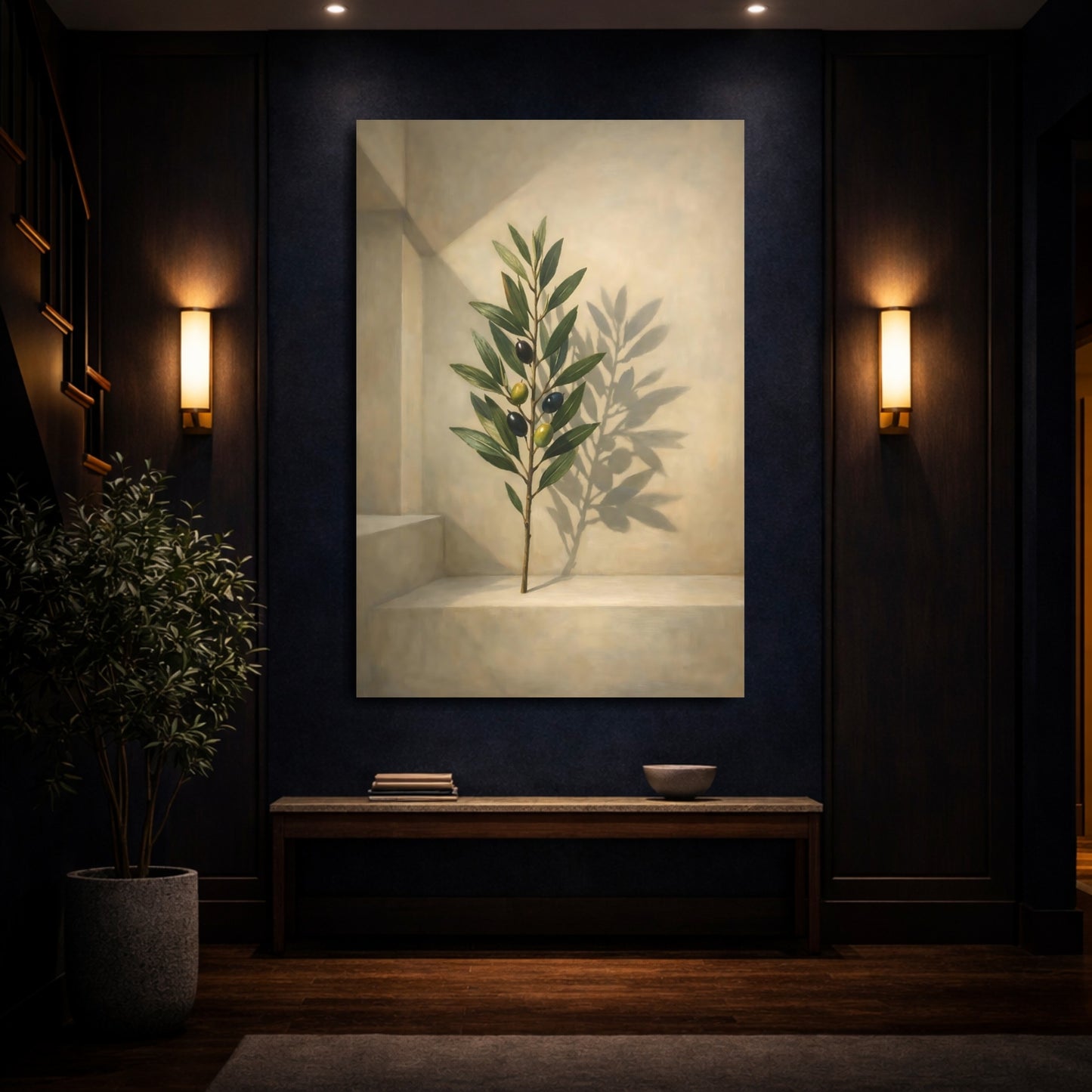 Mockup 3. Nature Olive Branch Olive Branch Green Beige shown as stretched canvas wall art