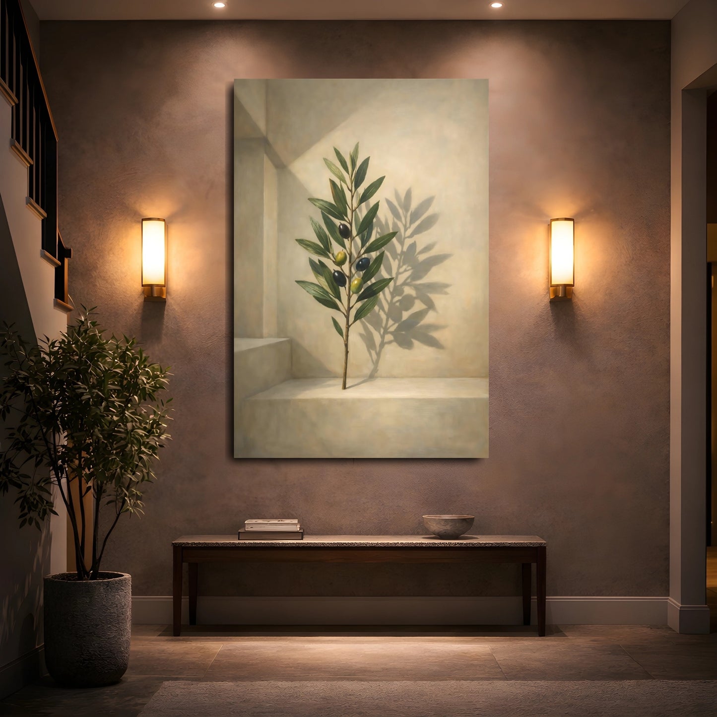 Mockup 4. Nature Olive Branch Olive Branch Green Beige shown as stretched canvas wall art