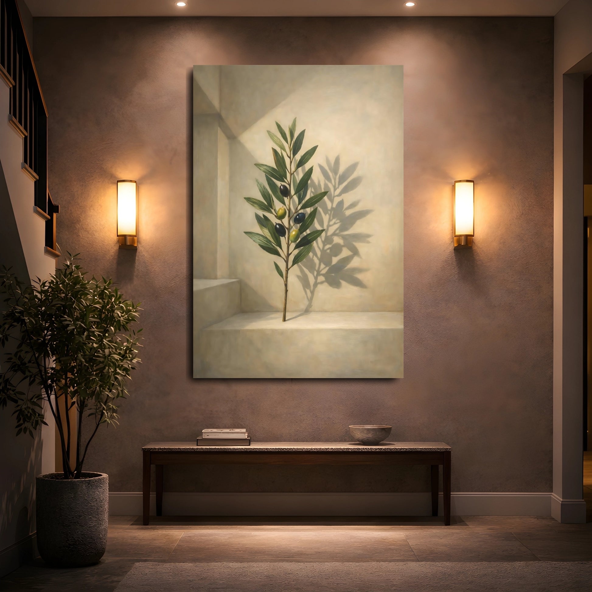 Mockup 4. Nature Olive Branch Olive Branch Green Beige shown as stretched canvas wall art