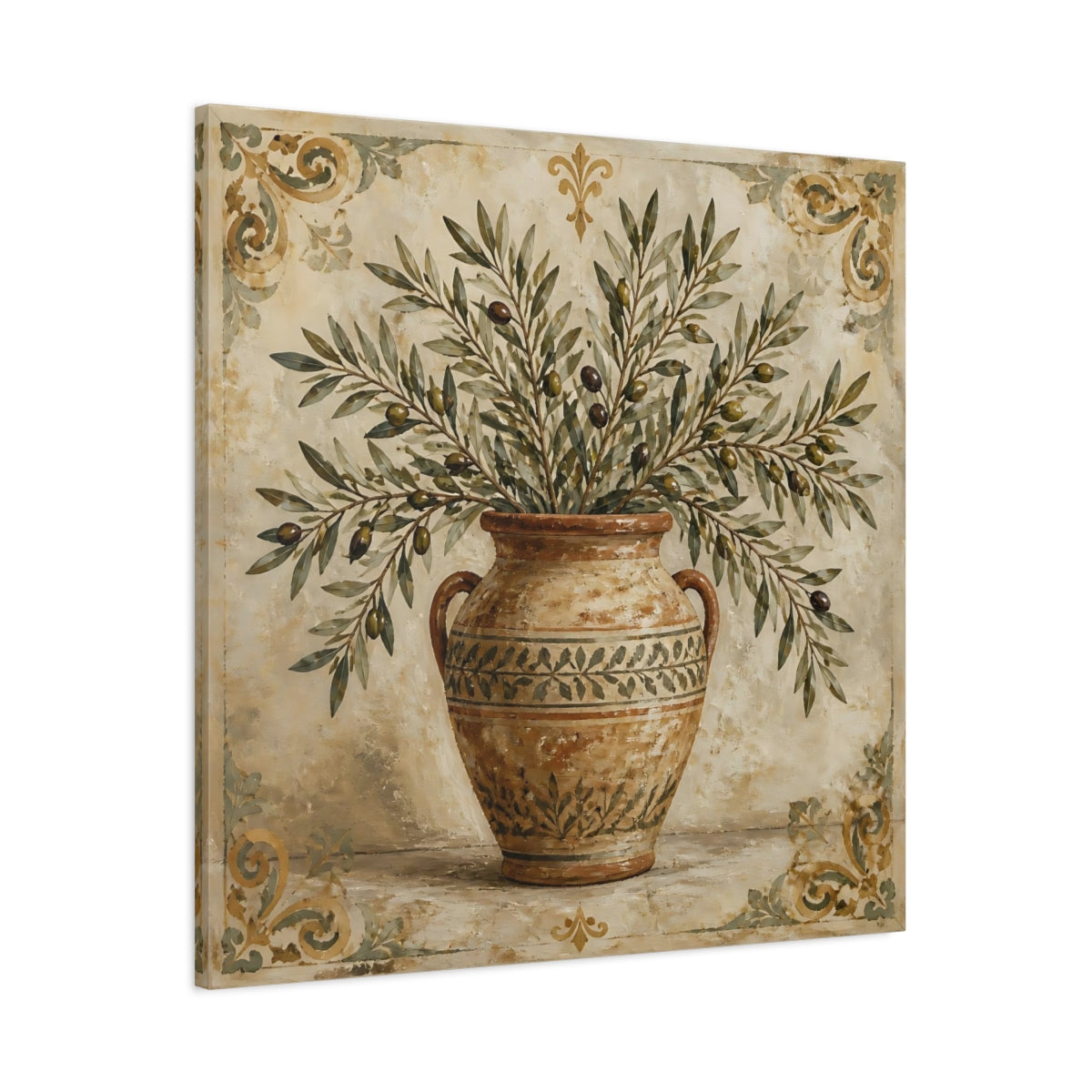 Main Mockup. Nature Olive Branches Brown And Green shown as stretched canvas wall art