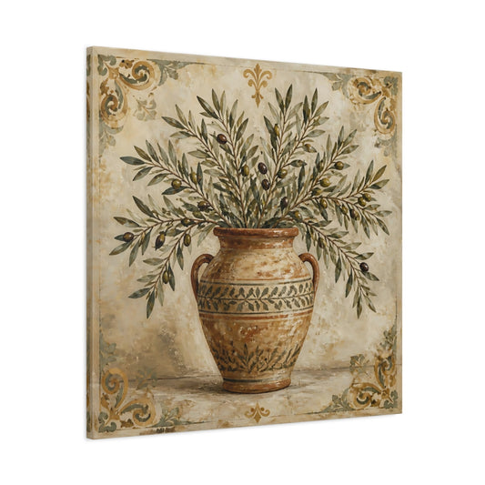 Main Mockup. Nature Olive Branches Brown And Green shown as stretched canvas wall art
