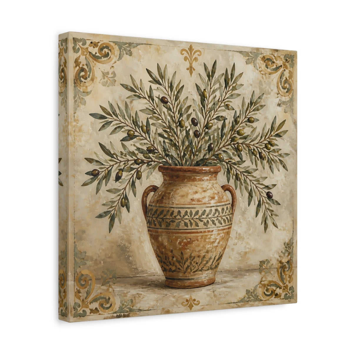 Side Mockup 7. Nature Olive Branches Brown And Green shown as stretched canvas wall art