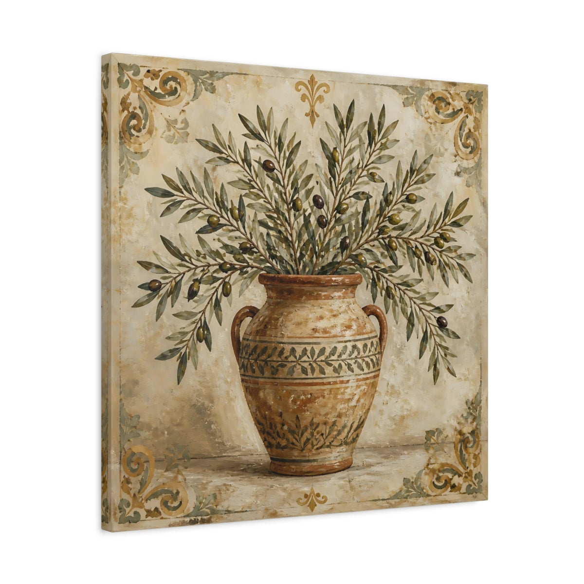 Side Mockup 4. Nature Olive Branches Brown And Green shown as stretched canvas wall art