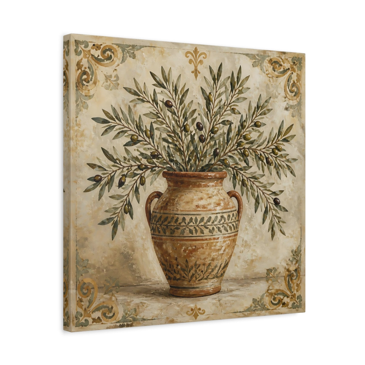 Side Mockup 5. Nature Olive Branches Brown And Green shown as stretched canvas wall art