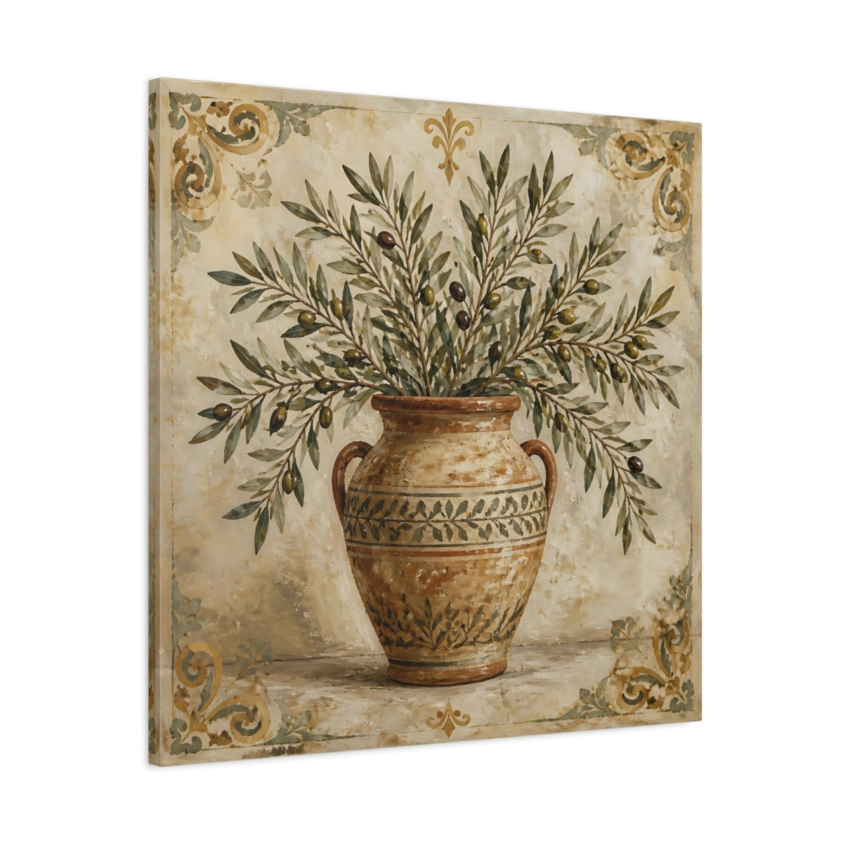 Side Mockup 3. Nature Olive Branches Brown And Green shown as stretched canvas wall art