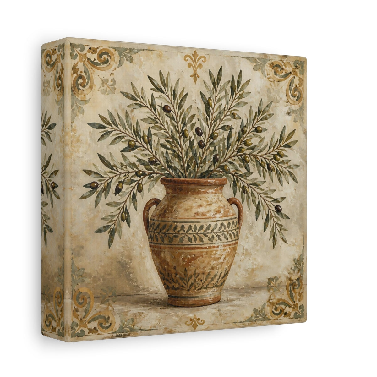 Side Mockup 2. Nature Olive Branches Brown And Green shown as stretched canvas wall art