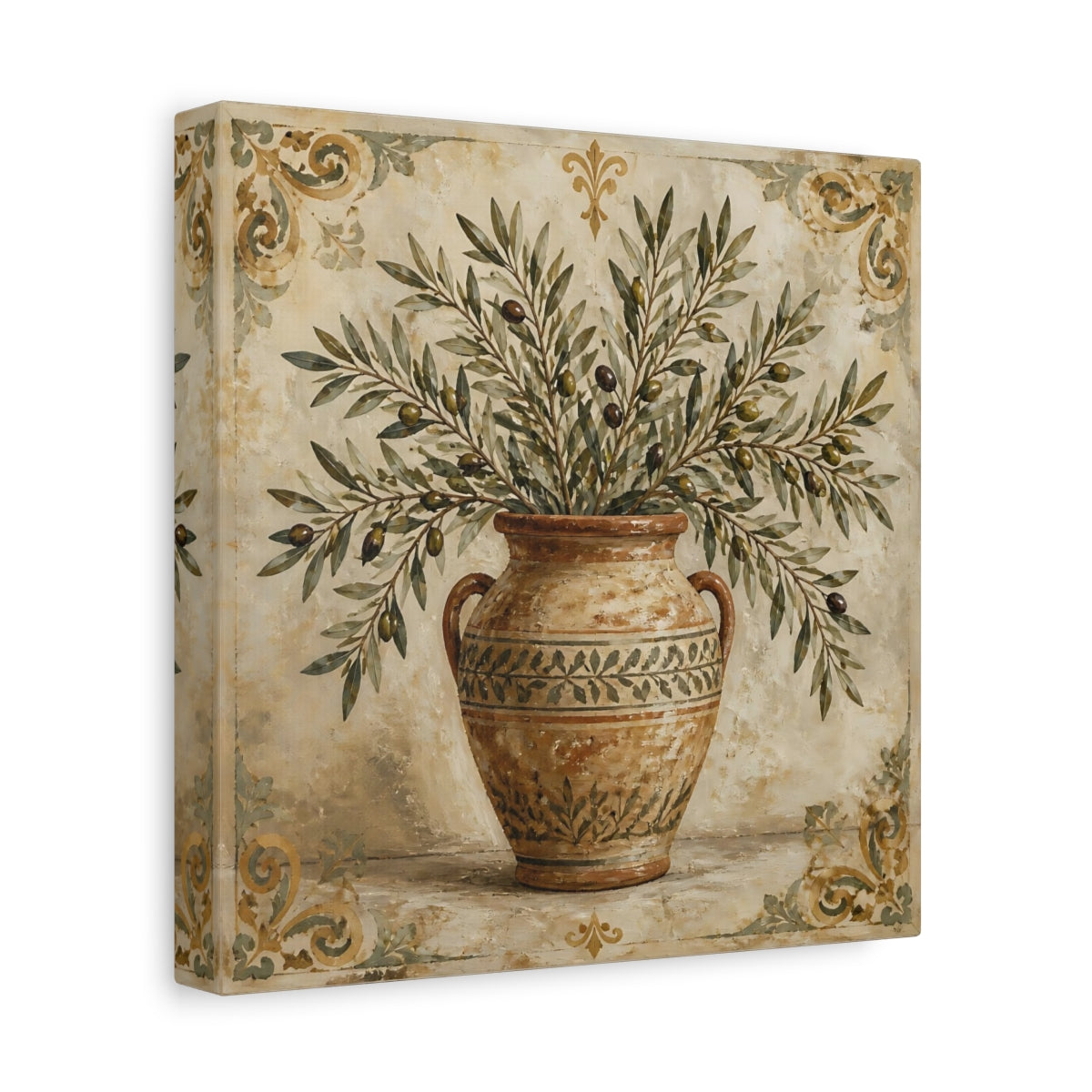 Side Mockup 9. Nature Olive Branches Brown And Green shown as stretched canvas wall art