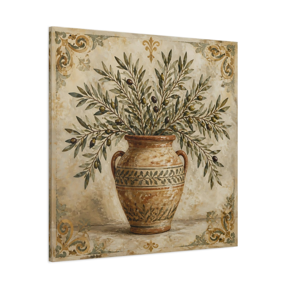 Side Mockup 1. Nature Olive Branches Brown And Green shown as stretched canvas wall art