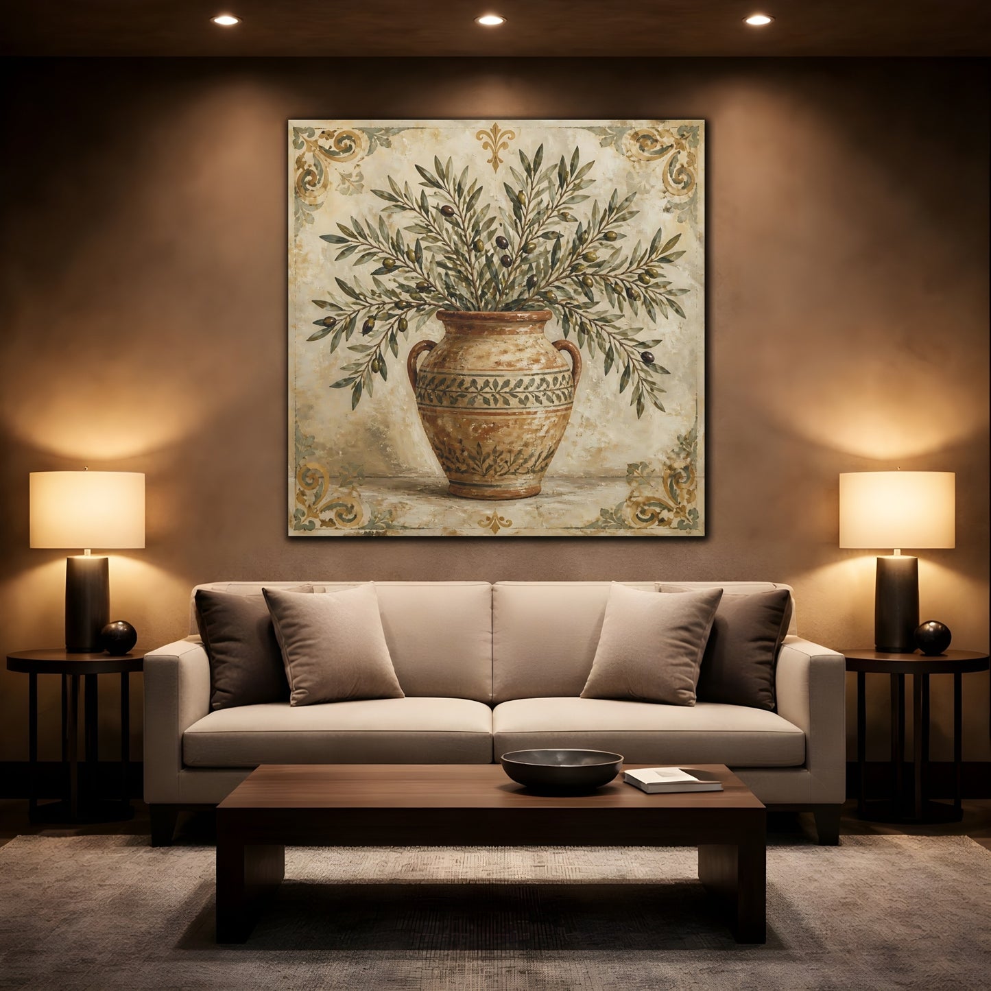 Mockup 2. Nature Olive Branches Brown And Green shown as stretched canvas wall art