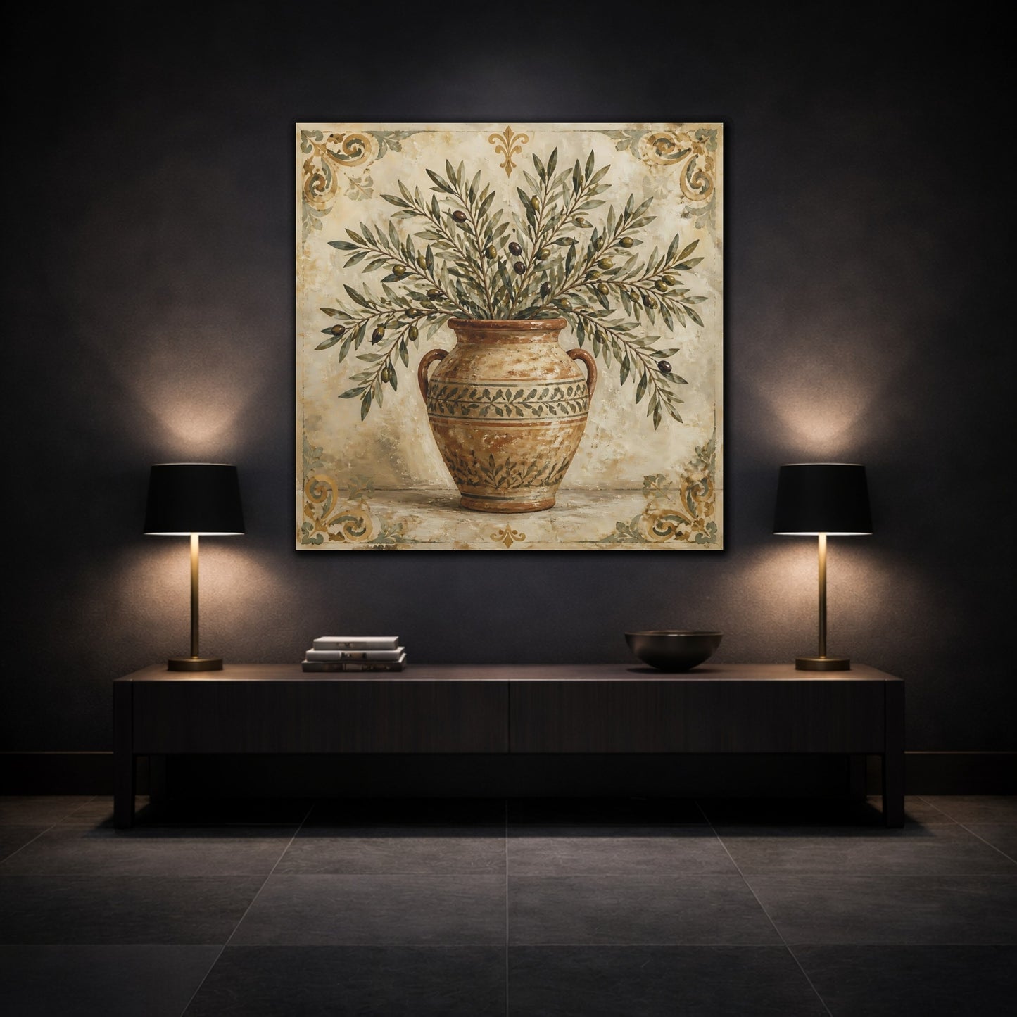 Mockup 3. Nature Olive Branches Brown And Green shown as stretched canvas wall art
