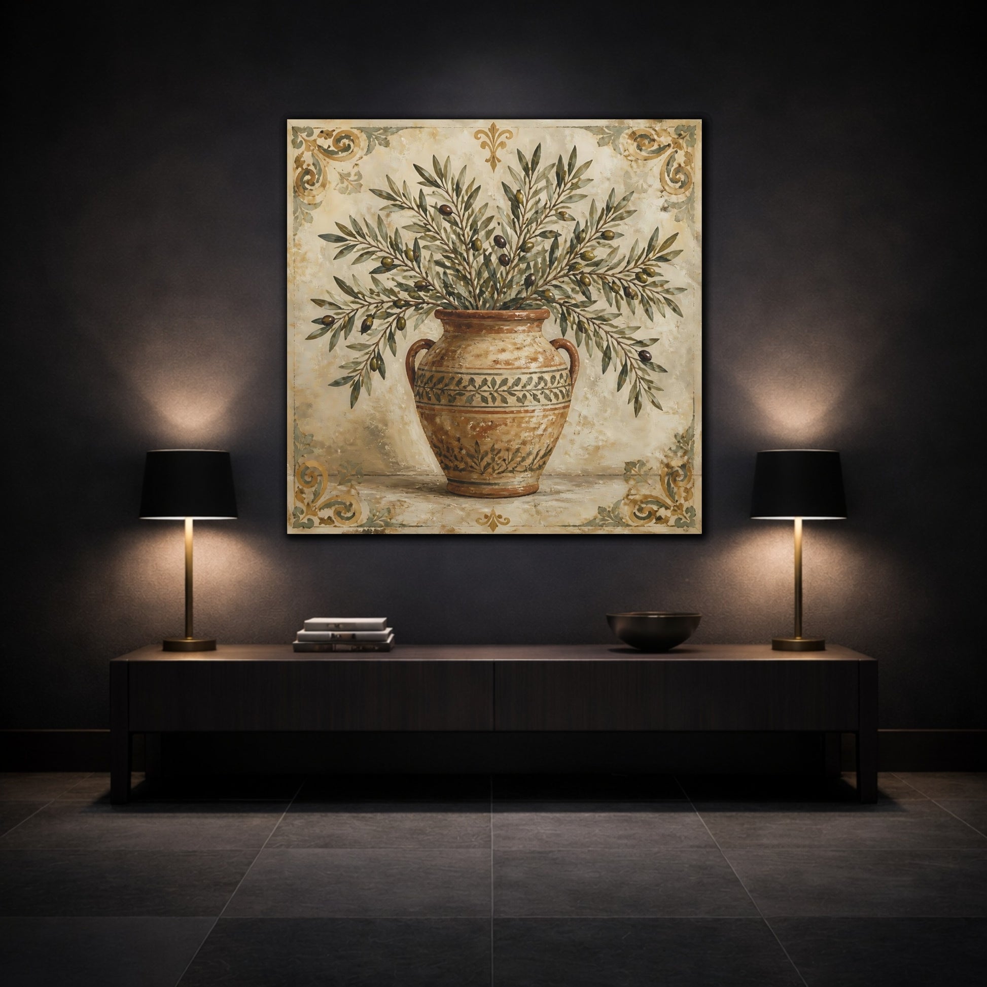 Mockup 3. Nature Olive Branches Brown And Green shown as stretched canvas wall art