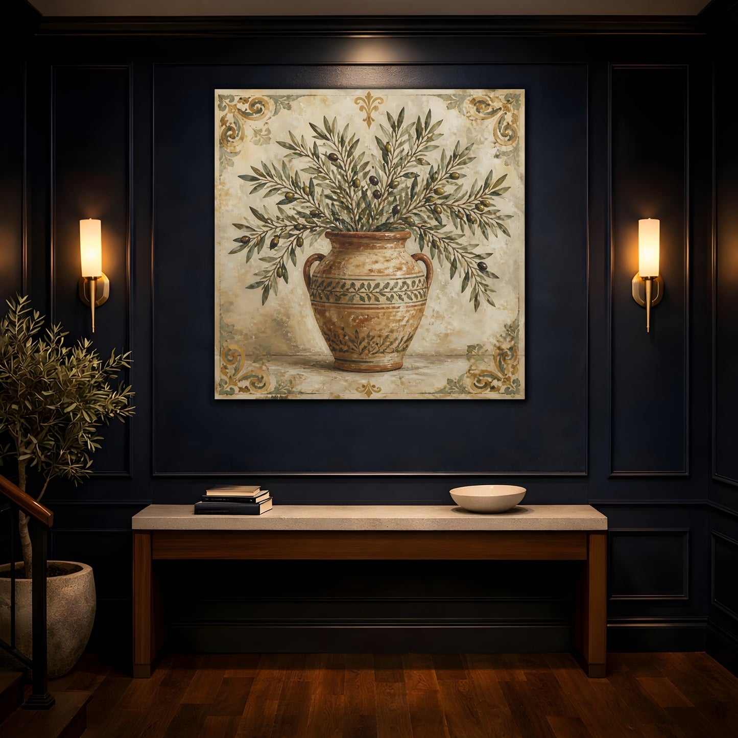 Mockup 4. Nature Olive Branches Brown And Green shown as stretched canvas wall art