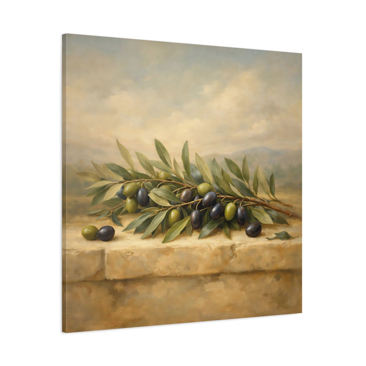 Main Mockup. Nature Olive Branches Green Olive Still Life shown as stretched canvas wall art