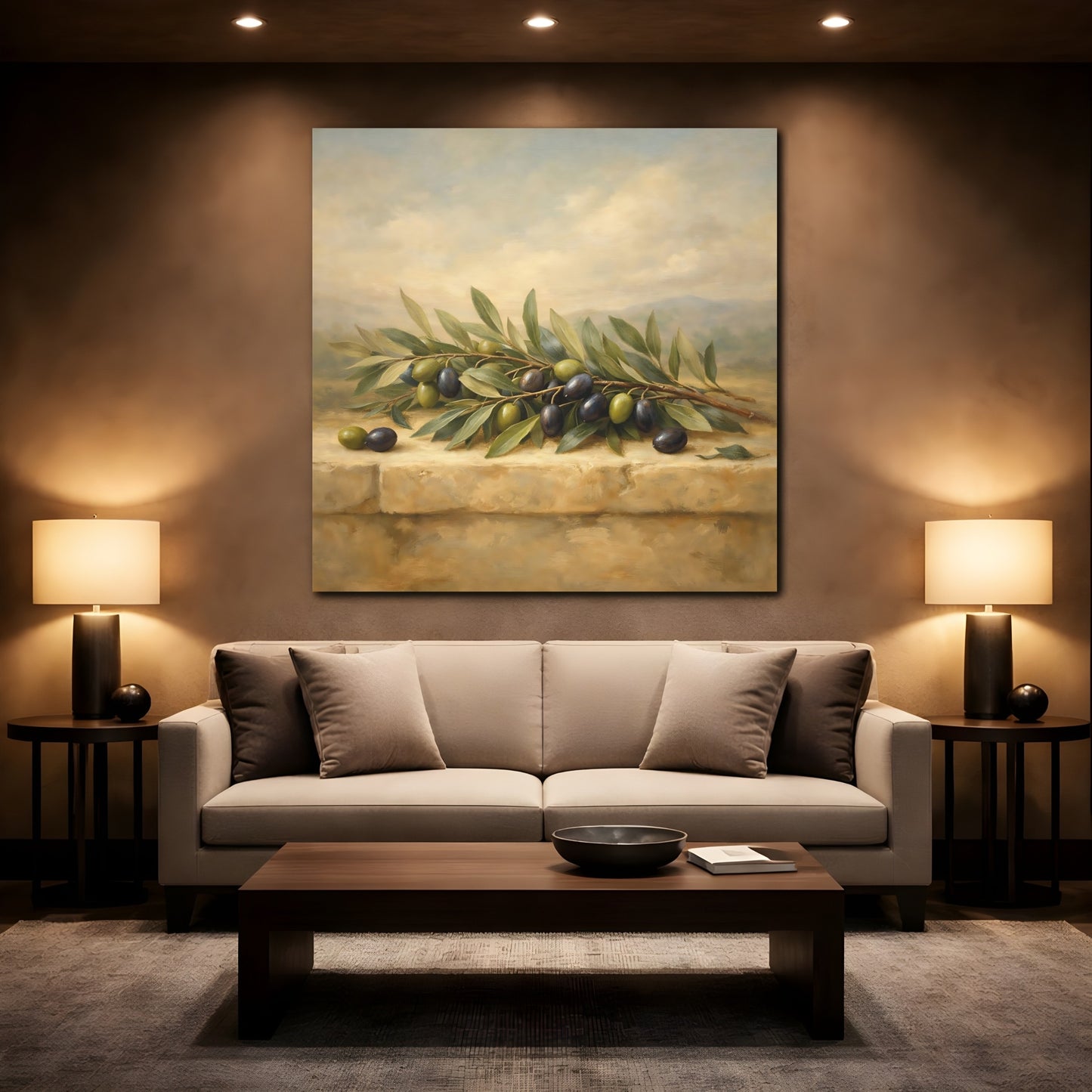 Mockup 2. Nature Olive Branches Green Olive Still Life shown as stretched canvas wall art