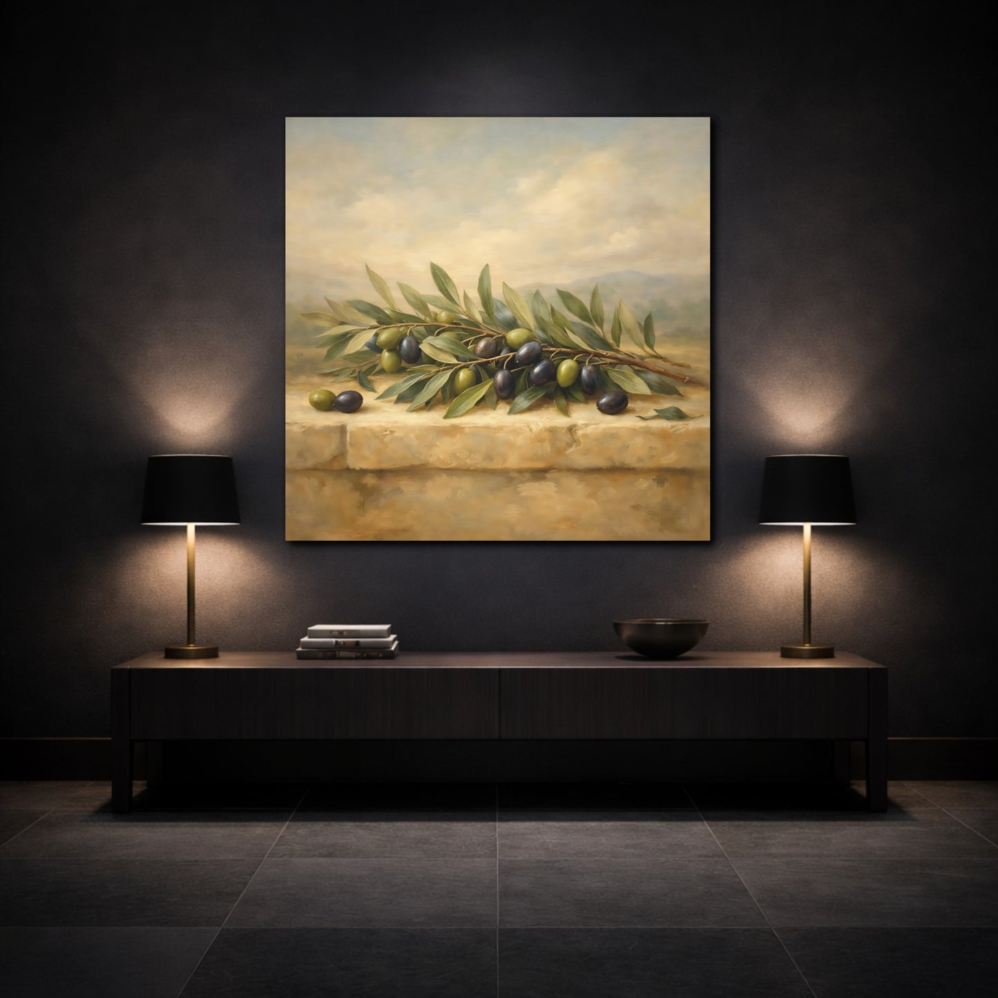 Mockup 3. Nature Olive Branches Green Olive Still Life shown as stretched canvas wall art